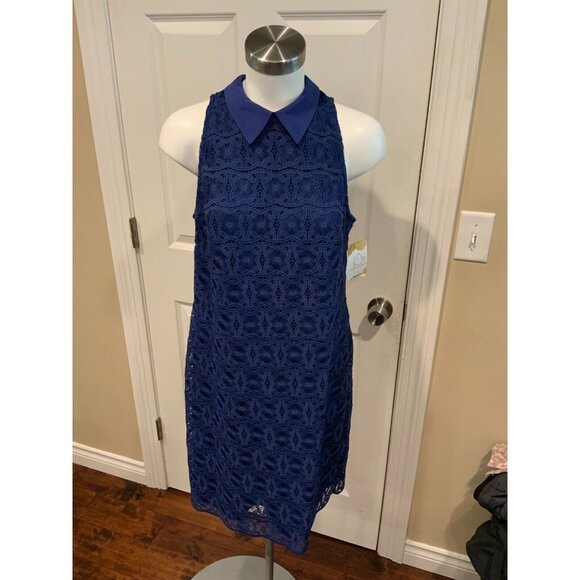 Trina Turk Blue Floral Lace Overlay Sleeveless Dress w/ Collar, Size 8 - Picture 1 of 8